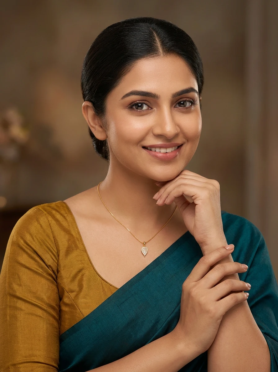 Model wearing a delicate diamond pendant on a fine gold chain